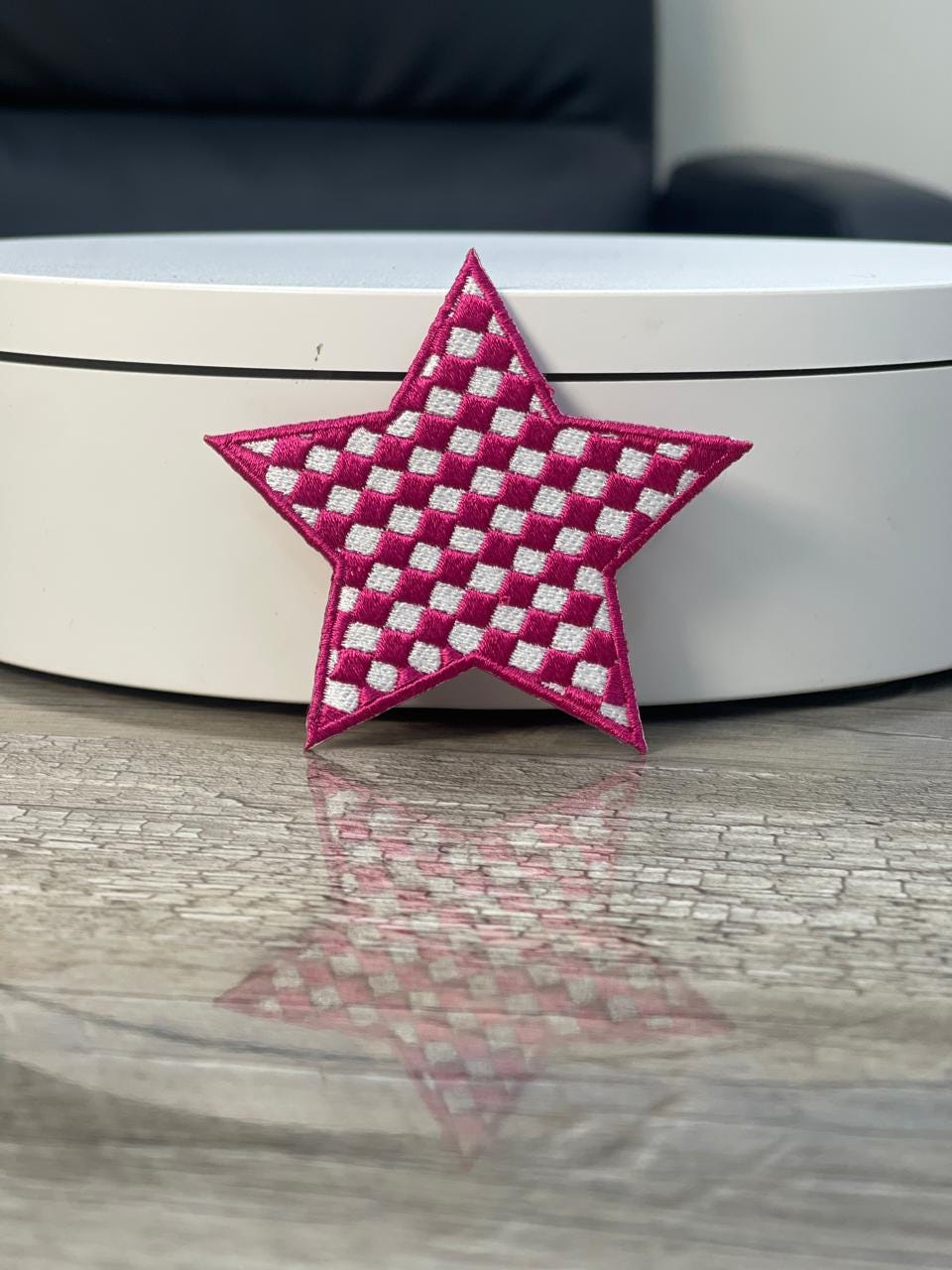 Checkered Magenta Star Patch: Embroidered Iron-On DIY (15 pcs min)