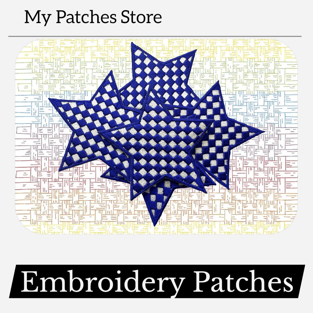 Blue Checkered Star Patch: Iron-On Embroidery DIY (15 pcs min)