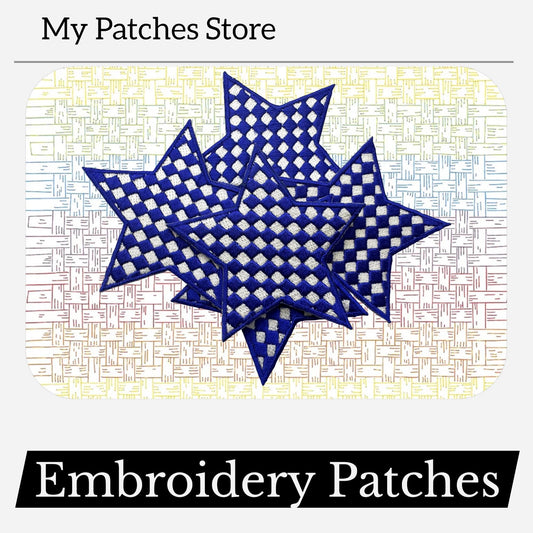 Blue Checkered Star Patch: Iron-On Embroidery DIY (15 pcs min)