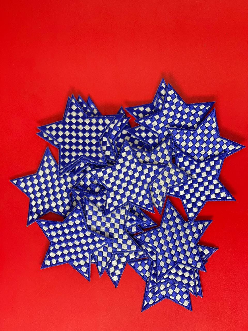 Blue Checkered Star Patch: Iron-On Embroidery DIY (15 pcs min)