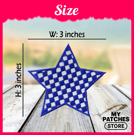 Blue Checkered Star Patch: Iron-On Embroidery DIY (15 pcs min)