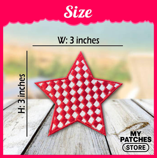 Checkered Red Star Patch – Baseball Game Day Patch – Trucker Hat Patch – Cute Girly Embroidery Patch – Iron-On DIY Patch (15 pcs min)