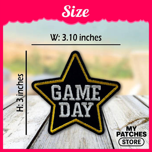 Game Day Star Patch: Black & Gold Embroidery, Iron-On Applique (15 pcs min)