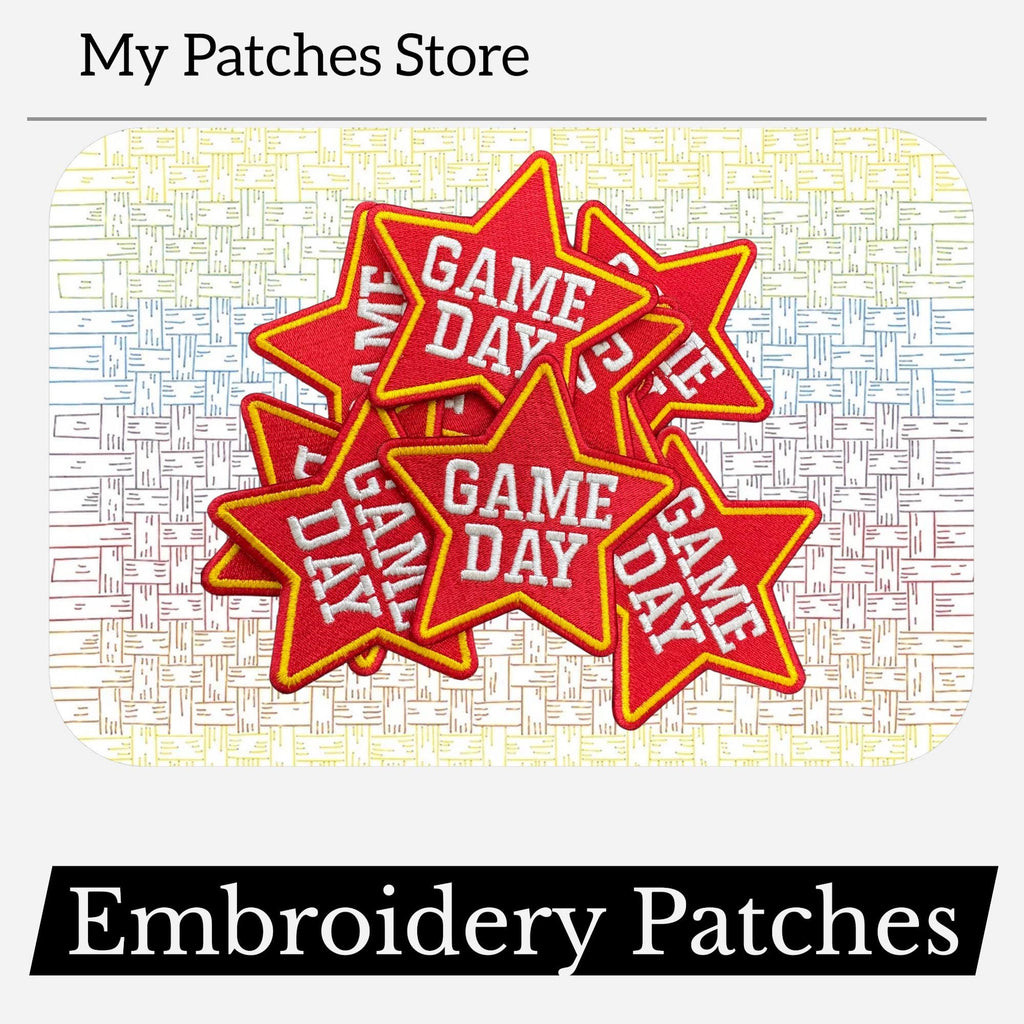 Game Day Star Patch: Red Checkered Embroidery, Iron-On Sports Patch (15 pcs min)