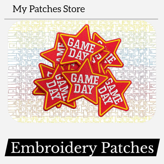 Game Day Star Patch: Red Checkered Embroidery, Iron-On Sports Patch (15 pcs min)