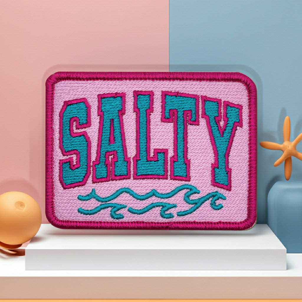 Embroidered patch with 'SALTY' text on a pink background