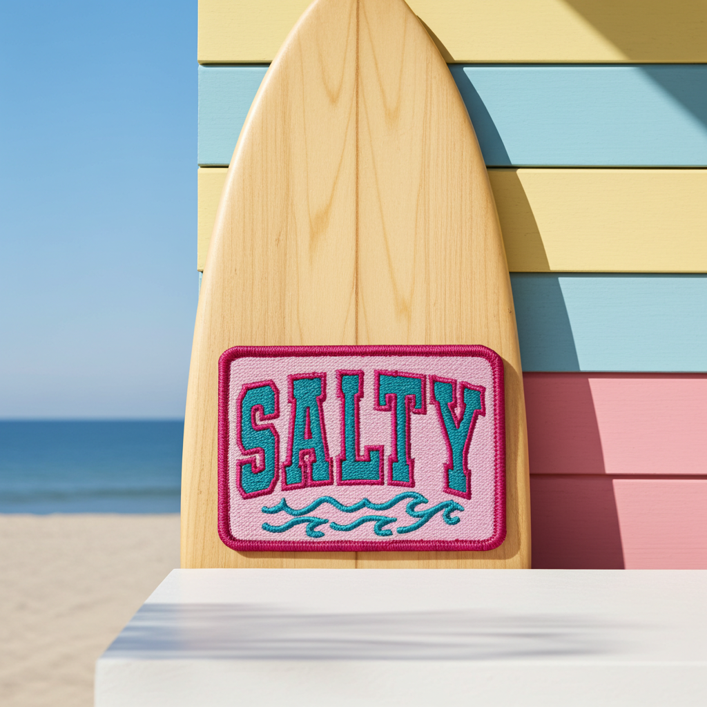 Wooden surfboard with 'SALTY' patch on a beach background