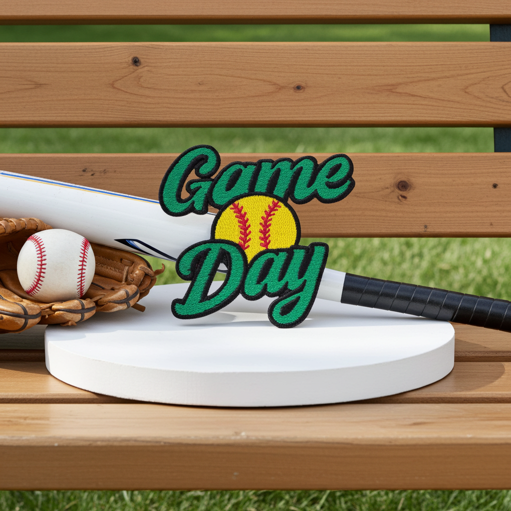 Baseball bat, glove, and ball on a home plate with 'Game Day' sign on a wooden bench.