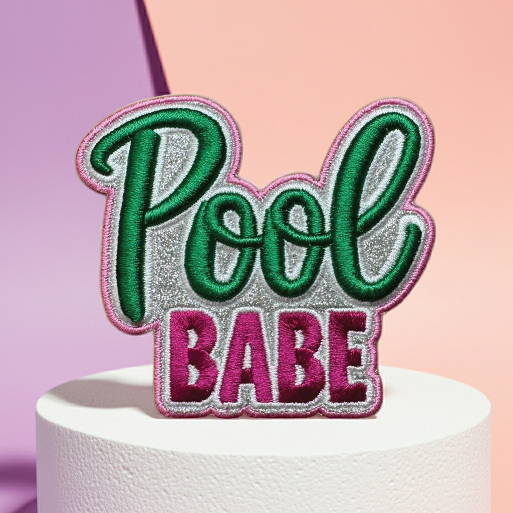 Embroidered patch with 'Pool Babe' text on a pink and purple gradient background