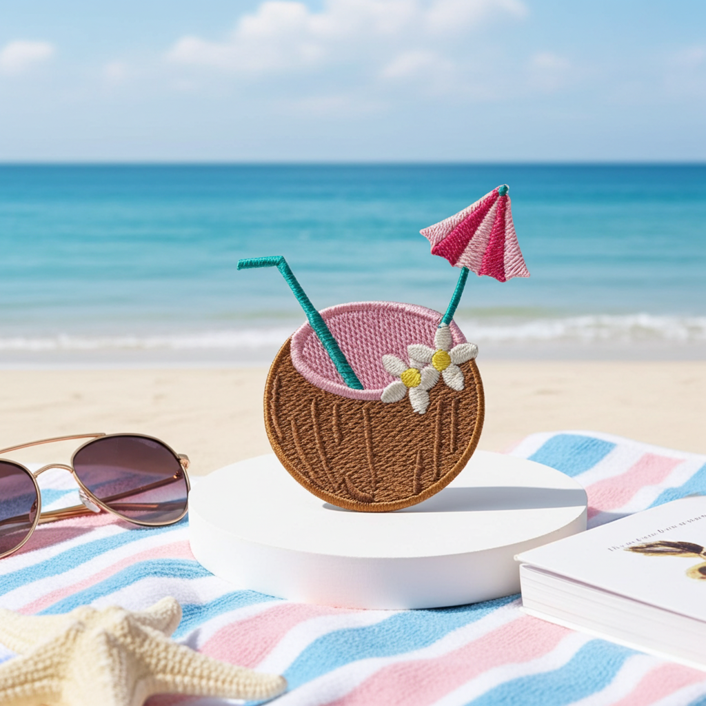 Coconut drink with umbrella and straws on a beach setting